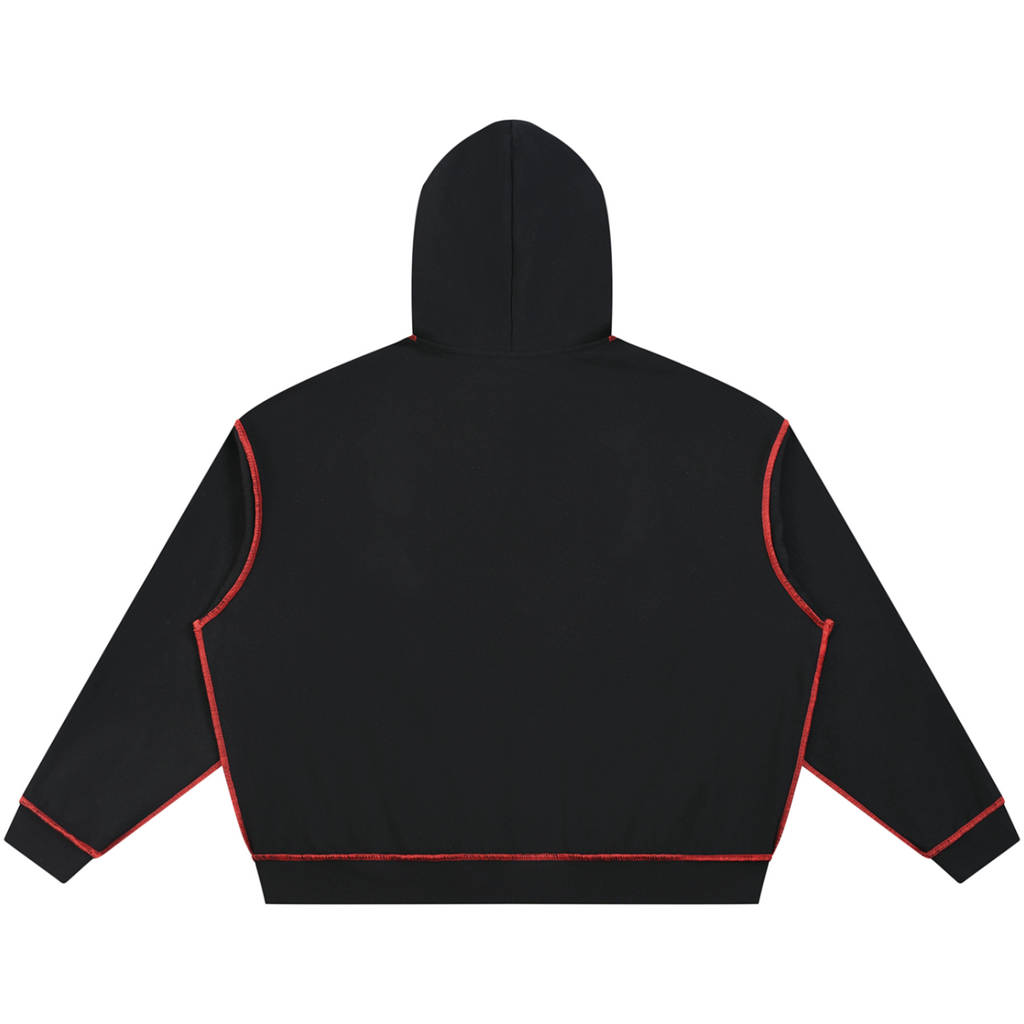 Elevate your cold-weather layers with the House of Teddy Blaze Signature Box Cut Topstitch Hoodie. Black 420 gsm fleece, contrast red topstitching, and red script logo print. Shop NYC to Vegas style.