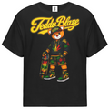 A black short-sleeve t-shirt featuring a colorful graphic of a teddy bear wearing a sombrero and holding a skateboard, with 'Teddy Blaze' written in yellow script across the chest.