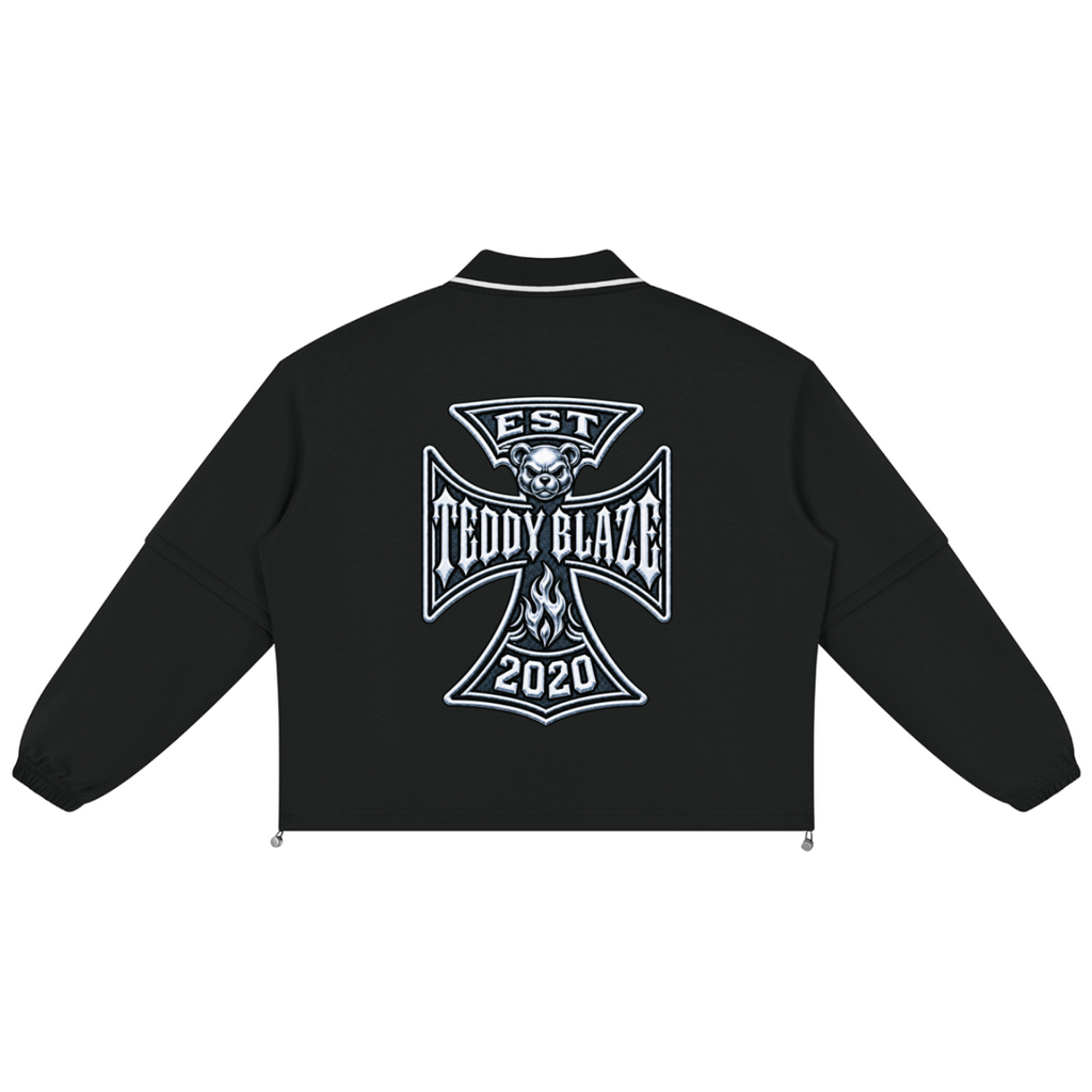 Shop the Mr. Teddy Blaze Detachable Sleeve Rugby Shirt by Teddy Blaze. Heavyweight 380 gsm cotton-blend rugby top with tipping collar, biker bear print, and DaCruz crest.