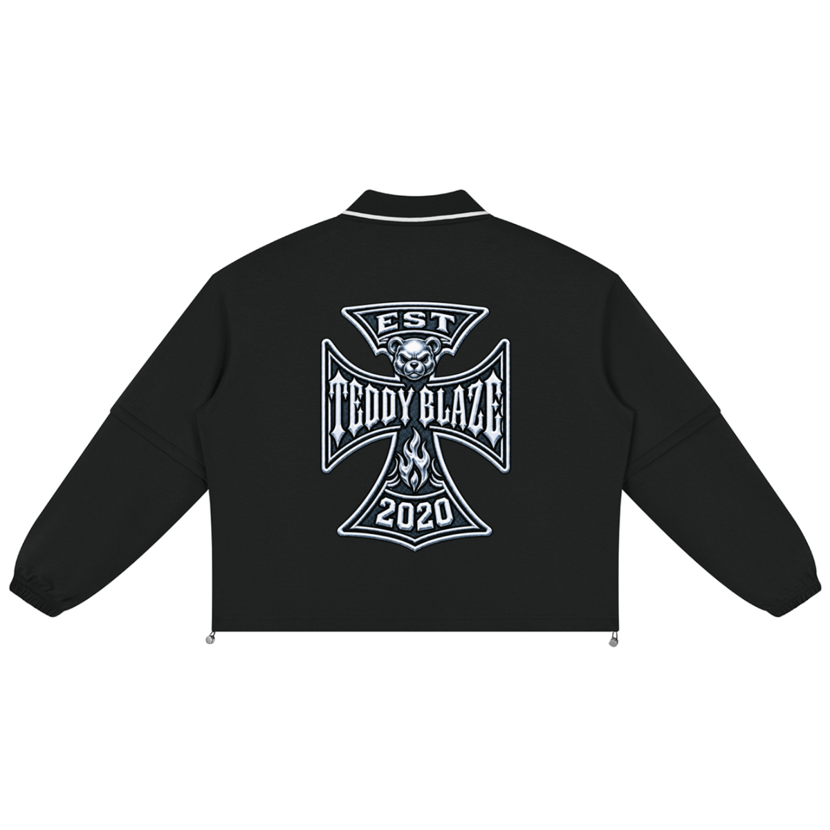 Shop the Mr. Teddy Blaze Detachable Sleeve Rugby Shirt by Teddy Blaze. Heavyweight 380 gsm cotton-blend rugby top with tipping collar, biker bear print, and DaCruz crest.