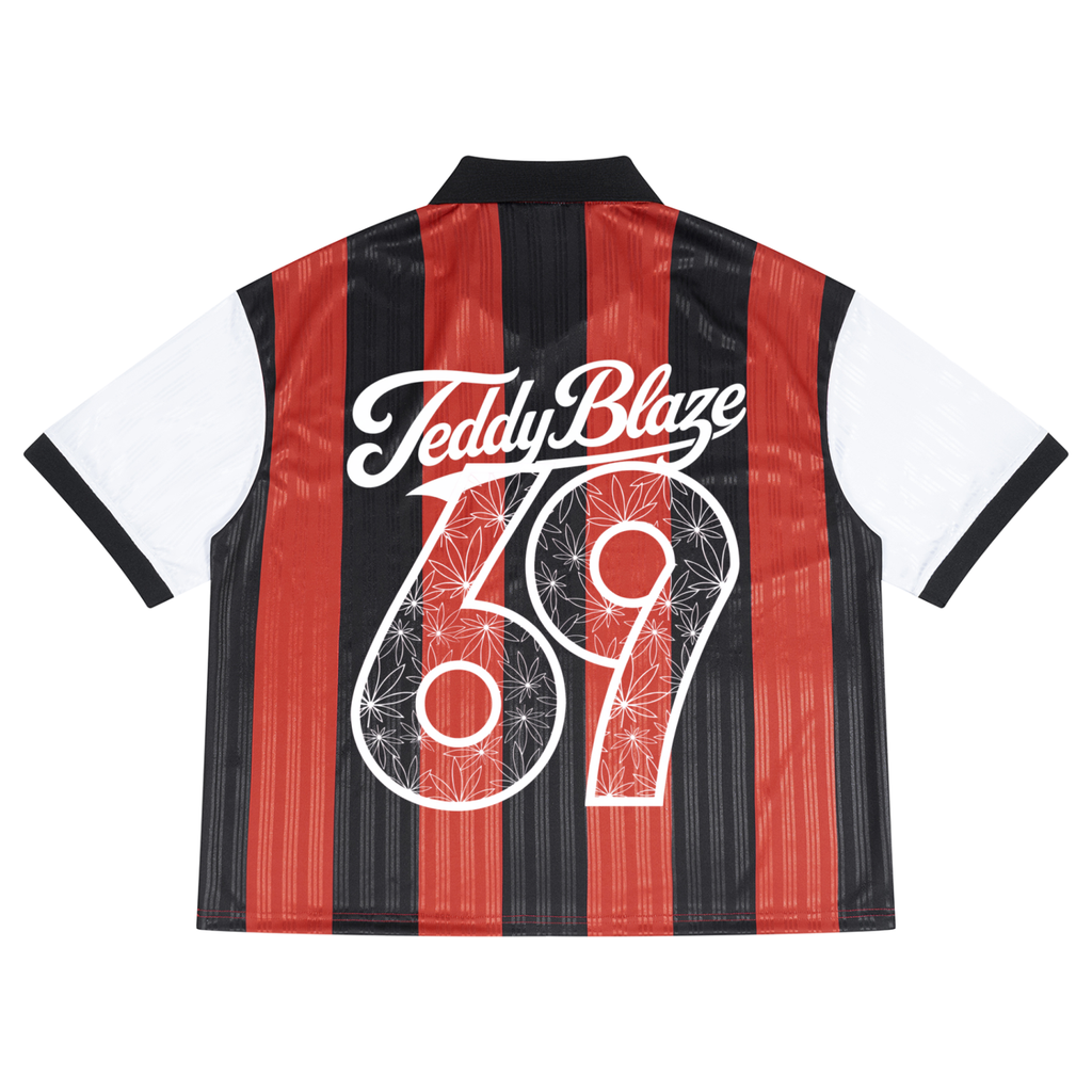 A short-sleeve striped football jersey shown from the back, featuring red and black vertical stripes, white sleeves, and 'Teddy Blaze 69' printed in white across the upper back.