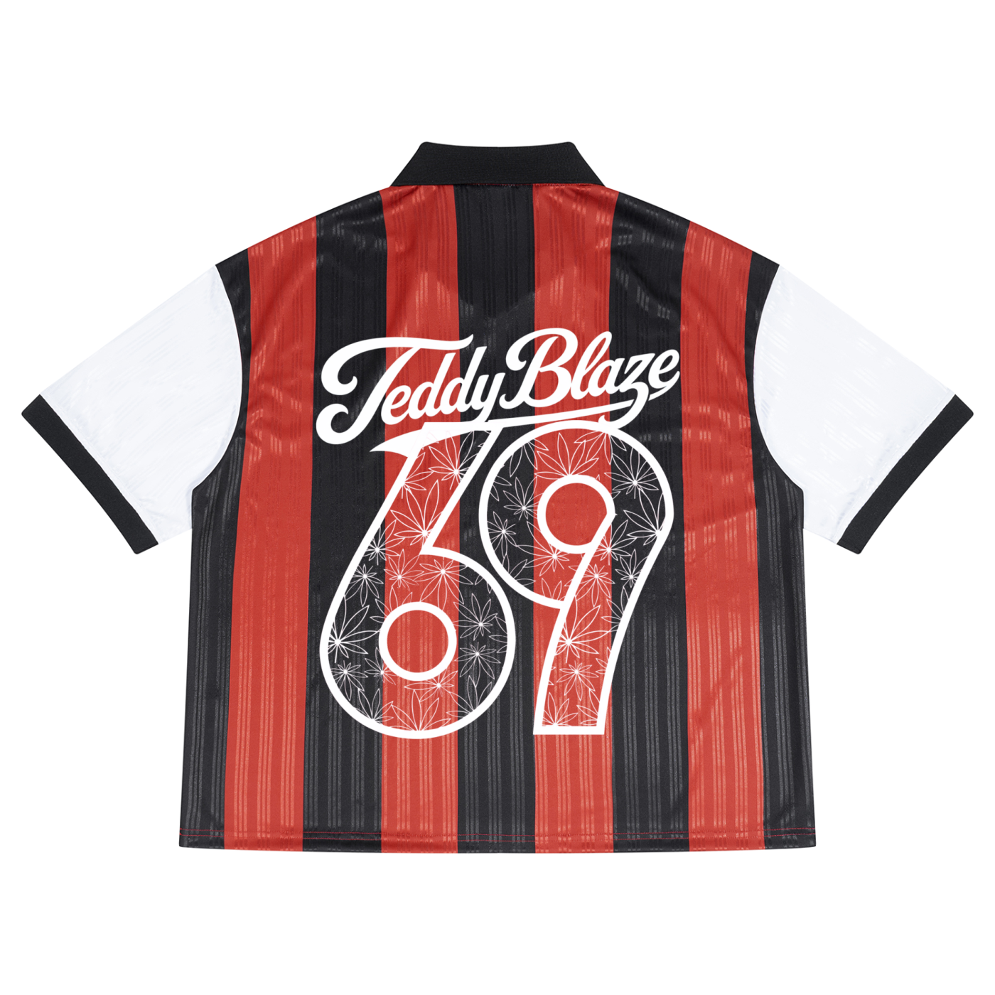 A short-sleeve striped football jersey shown from the back, featuring red and black vertical stripes, white sleeves, and 'Teddy Blaze 69' printed in white across the upper back.