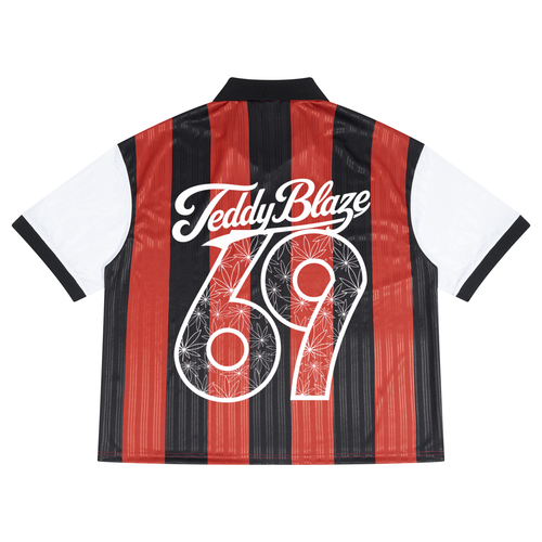 A short-sleeve striped football jersey shown from the back, featuring red and black vertical stripes, white sleeves, and 'Teddy Blaze 69' printed in white across the upper back.