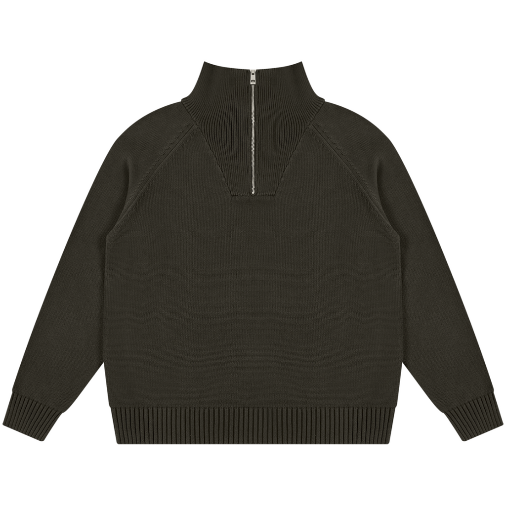 A dark olive green knit quarter-zip sweater with a mock neck and ribbed cuffs and hem, shown flat on a white background.