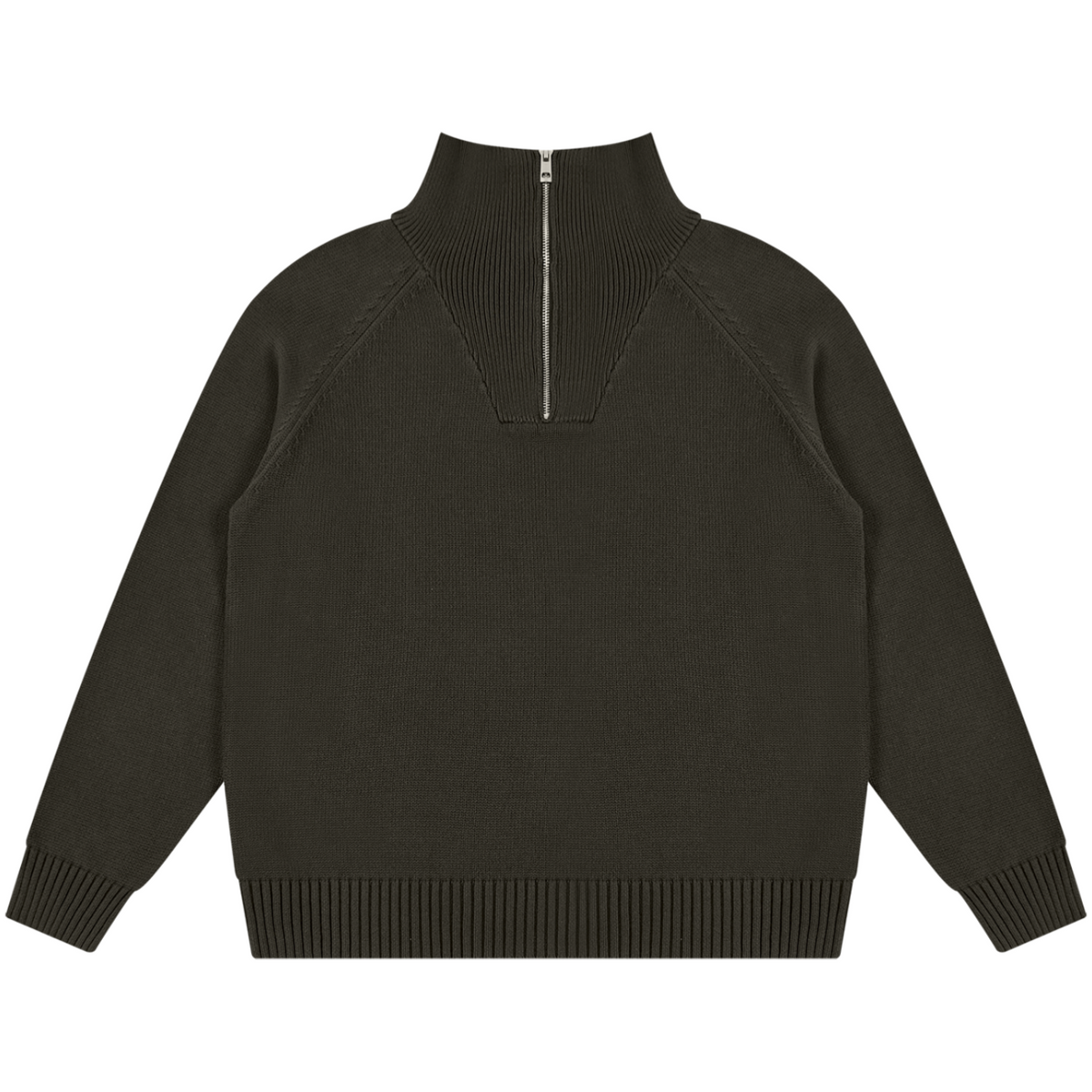 A dark olive green knit quarter-zip sweater with a mock neck and ribbed cuffs and hem, shown flat on a white background.