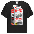 A black short-sleeve t-shirt with a large graphic print on the front. The graphic is styled like a milk carton advertisement with the text 'MISSING YOUR MONEY' in red and white, featuring a stack of cash, a cow, and a small yellow smiley face logo at the bottom.