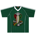 A dark green short-sleeve soccer jersey with a white V-neck collar and white shoulder stripes, featuring a large graphic of a Rastafarian-style cobra snake wrapped in cannabis leaves on the front.