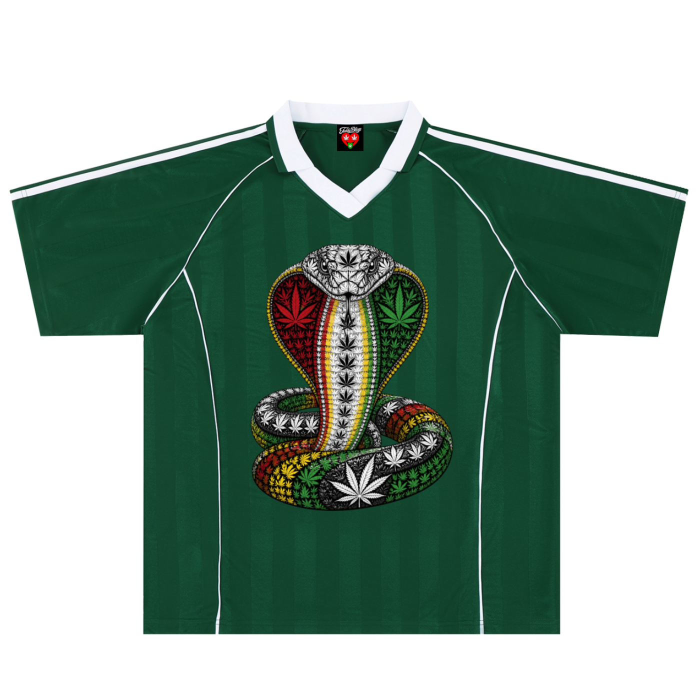 A dark green short-sleeve soccer jersey with a white V-neck collar and white shoulder stripes, featuring a large graphic of a Rastafarian-style cobra snake wrapped in cannabis leaves on the front.