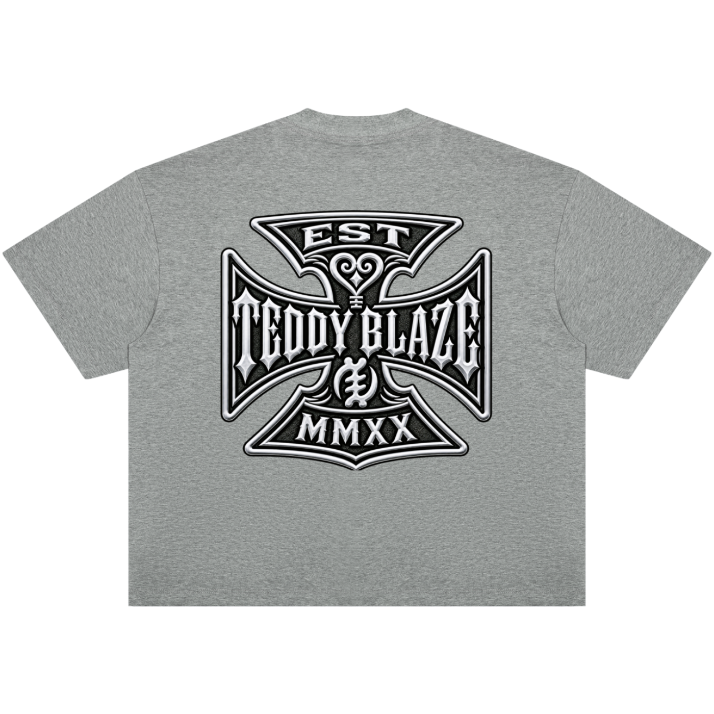 A heather gray short-sleeve t-shirt shown from the back, featuring a large black and white graphic print of an Iron Cross style emblem with the text 'EST TEDDY BLAZE MMXX'.