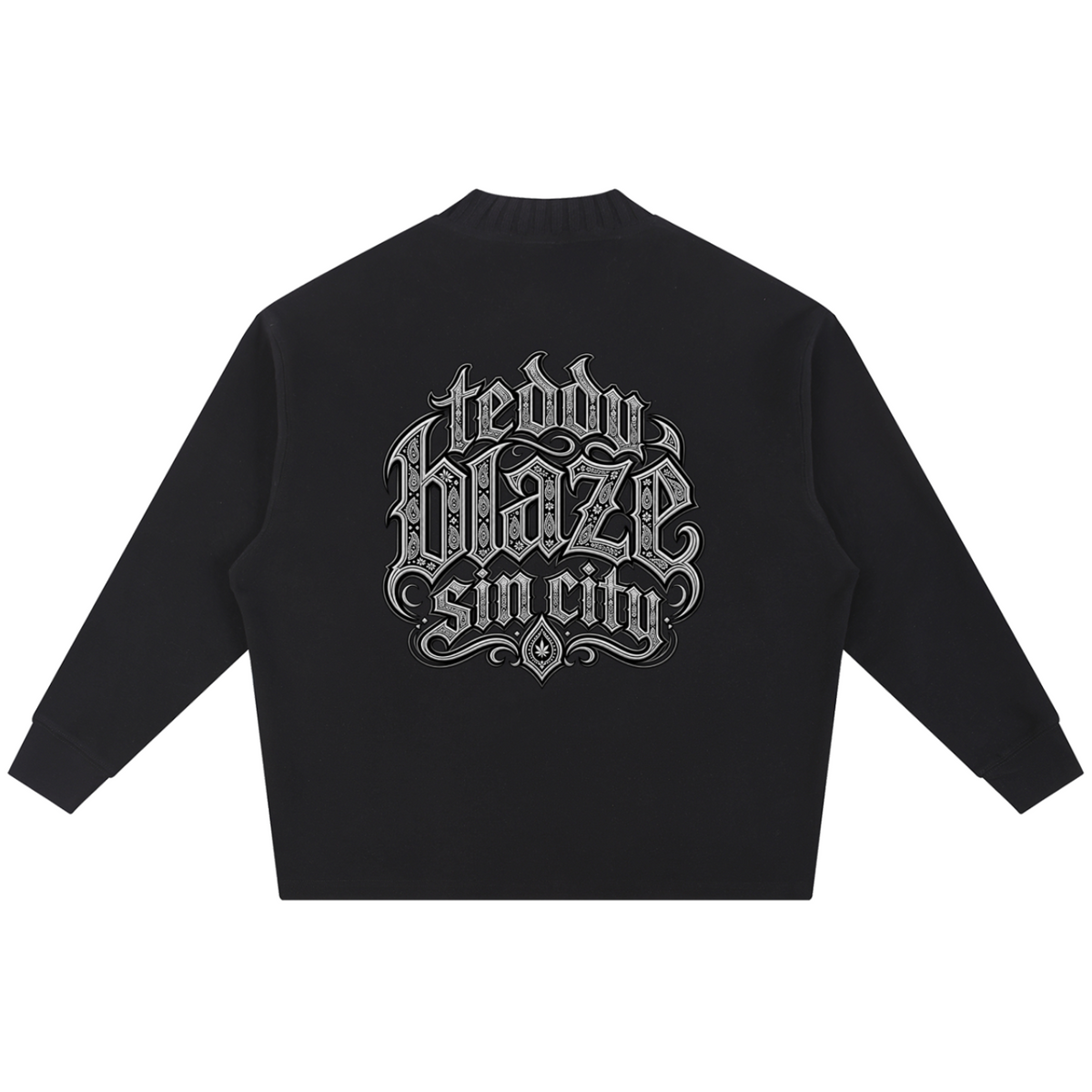 Elevate your knitwear with the Teddy Blaze Sin City Sacred Ribbed Knit Jumper. Black ribbed cotton-poly knit, praying hands chest graphic, and ornate Sin City back print. Shop NYC to Vegas style