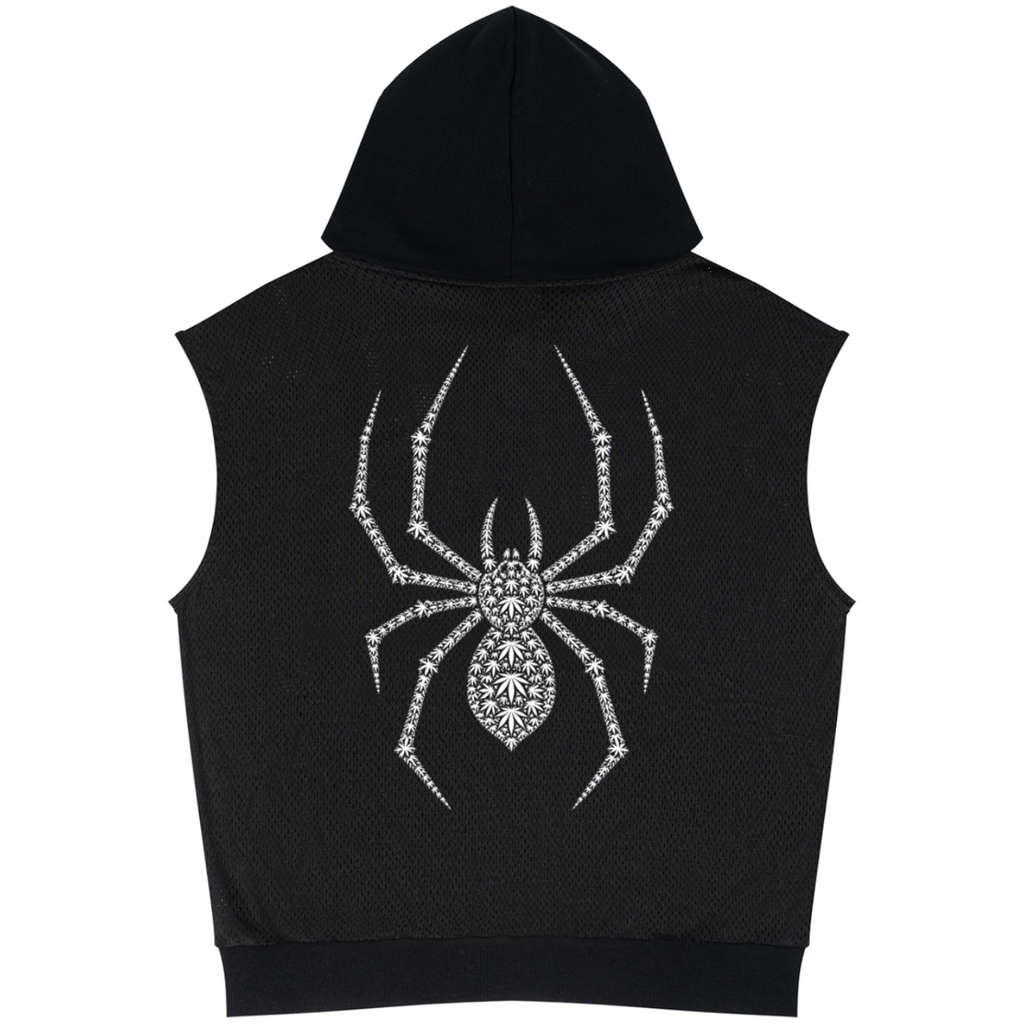 A black sleeveless hooded crop top with a large rhinestone spider graphic on the back, shown against a plain white background.