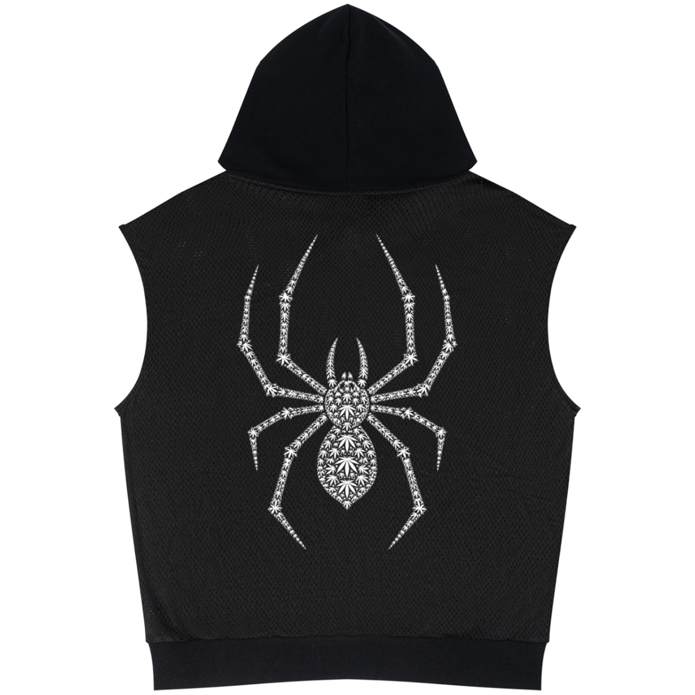 A black sleeveless hooded crop top with a large rhinestone spider graphic on the back, shown against a plain white background.