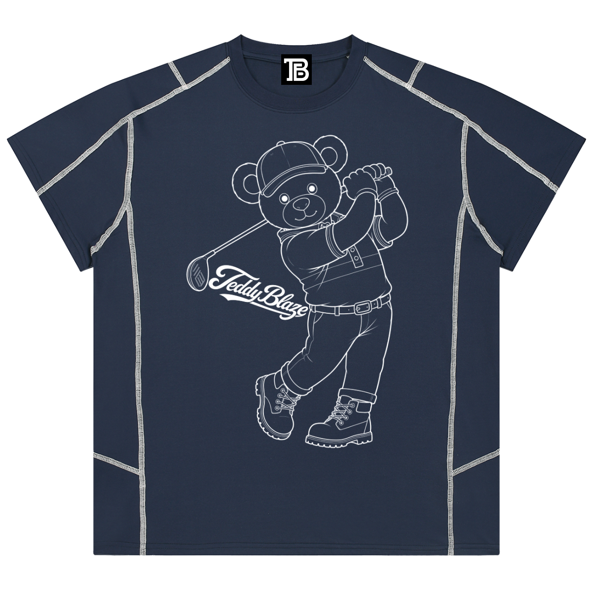 A unisex performance tee featuring SDB Golfer line art, contrast stitching, stretch fabric, and TBX Chelsea sport-streetwear energy.