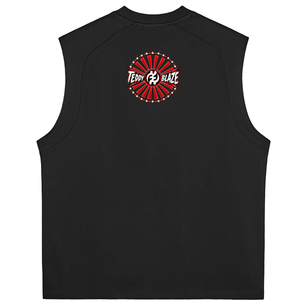Shop the Teddy Blaze Brand Rising Sorona Quick-Dry Cooling Tank, a cotton-Sorona unisex sleeveless streetwear tank featuring Teddy Blaze Samurai artwork.