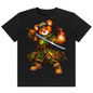 A black short-sleeve crewneck t-shirt featuring a colorful graphic of a teddy bear dressed in traditional Chinese armor, holding a sword in one hand and generating a flame with the other, set against a plain white background.