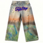 Oversized wide-leg denim jeans with paint-wash effect, bold Signature front graphic, cotton-blend fabric, and BK Collection streetwear energy.