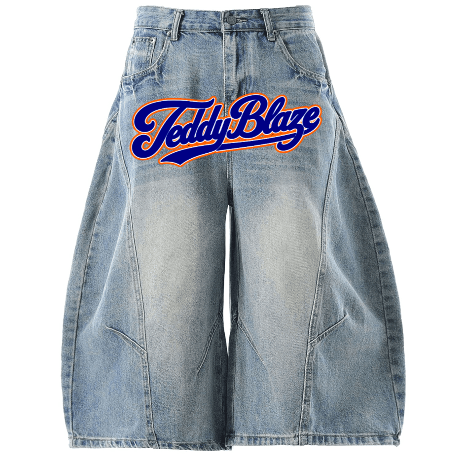 Oversized wide leg denim jorts with a bold Signature front graphic, washed 100% cotton denim, and BK Collection streetwear energy.