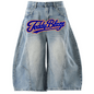 Oversized wide leg denim jorts with a bold Signature front graphic, washed 100% cotton denim, and BK Collection streetwear energy.