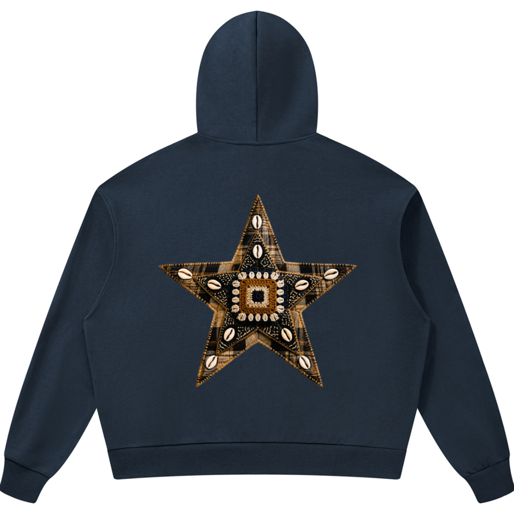 A navy blue cropped hoodie shown from the back, featuring a large star-shaped graphic on the center back with a brown and gold geometric pattern and small white accents.