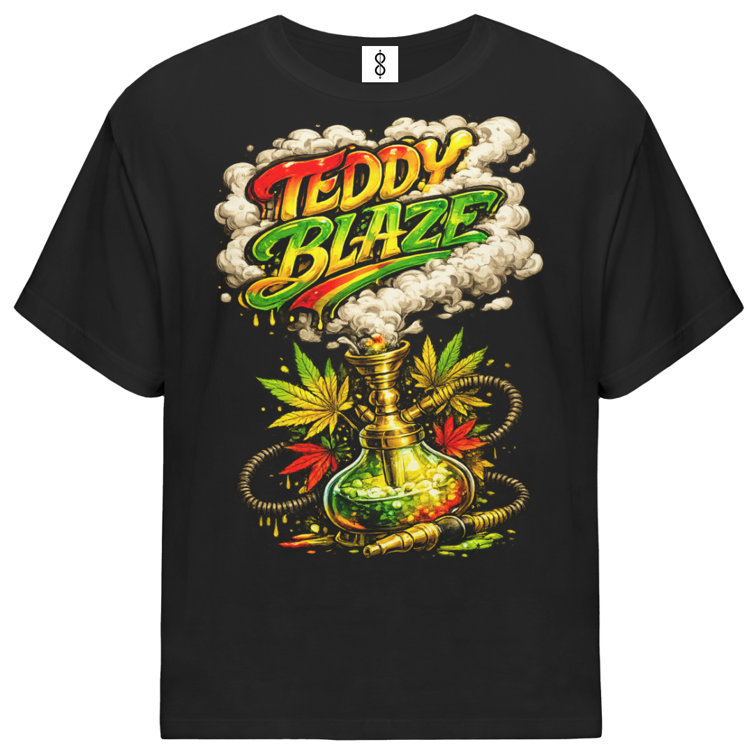 A black short-sleeve t-shirt with a large graphic print on the front featuring the text 'TEDDY BLAZE' in red, yellow, and green with a hookah and cannabis leaves underneath, shown on a plain white background.