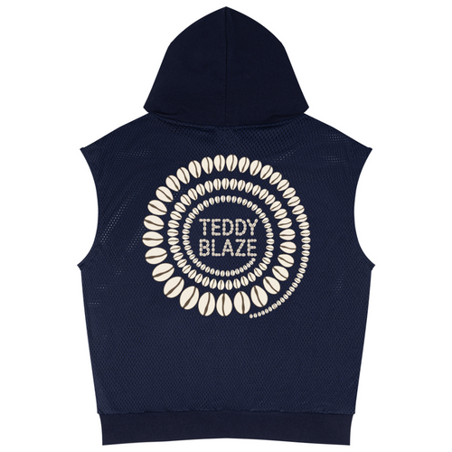 A navy blue sleeveless hooded vest with a textured mesh back, featuring a large circular graphic on the back with the text 'TEDDY BLAZE' surrounded by a ring of small white teardrop shapes.