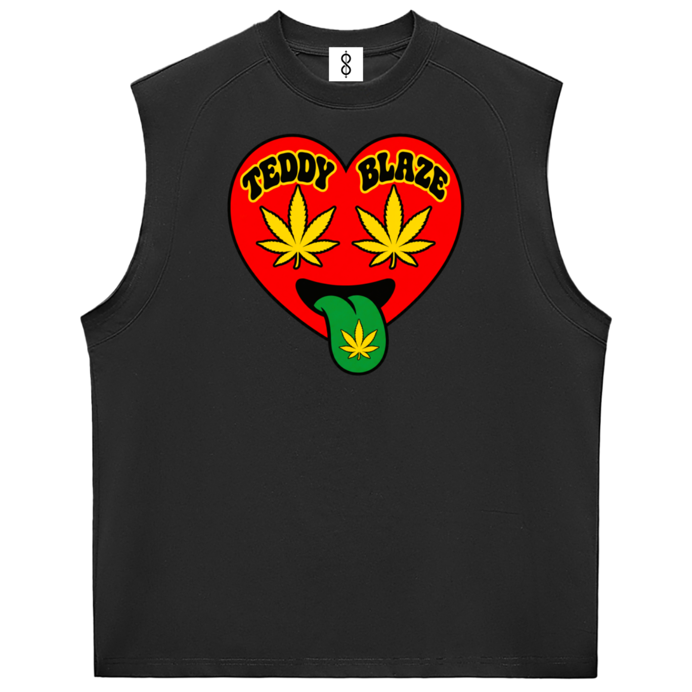A black sleeveless athletic tank top featuring a red heart graphic on the chest with yellow cannabis leaves in the eyes and a green tongue sticking out, with the text 'TEDDY BLAZE' arched above the heart.