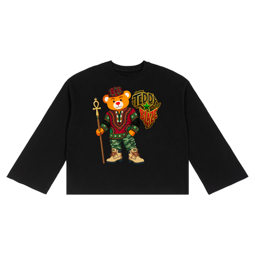 A black long-sleeve crop top sweatshirt featuring a colorful graphic of a teddy bear dressed in camouflage and a crown, holding a scepter, with the text 'TEDDY BIRCH' in a stylized font.