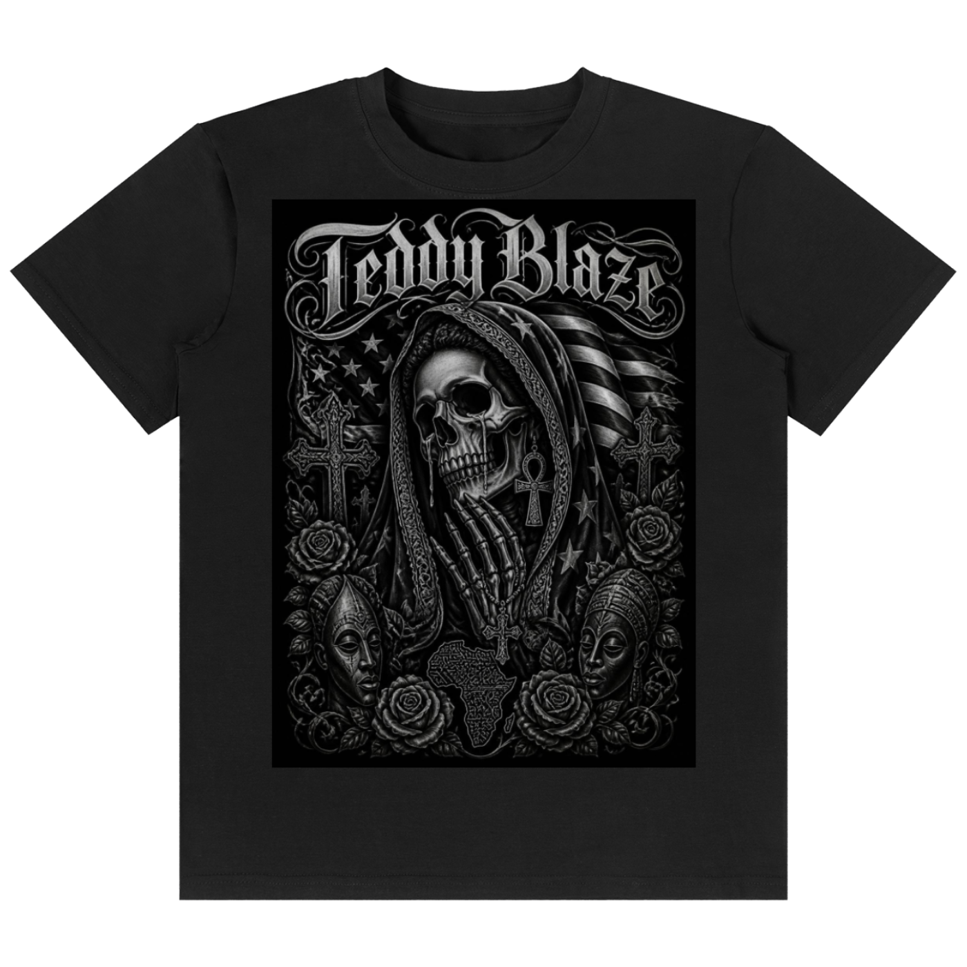 A black short-sleeve crewneck t-shirt featuring a large black and white graphic print on the front. The graphic displays the text 'Teddy Blaze' in a gothic font above a detailed illustration of a hooded skull surrounded by roses, crosses, and an American flag.