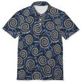A short-sleeve polo shirt with a navy blue and beige spiral tie-dye pattern, featuring a three-button placket and a classic collar, shown against a plain white background.