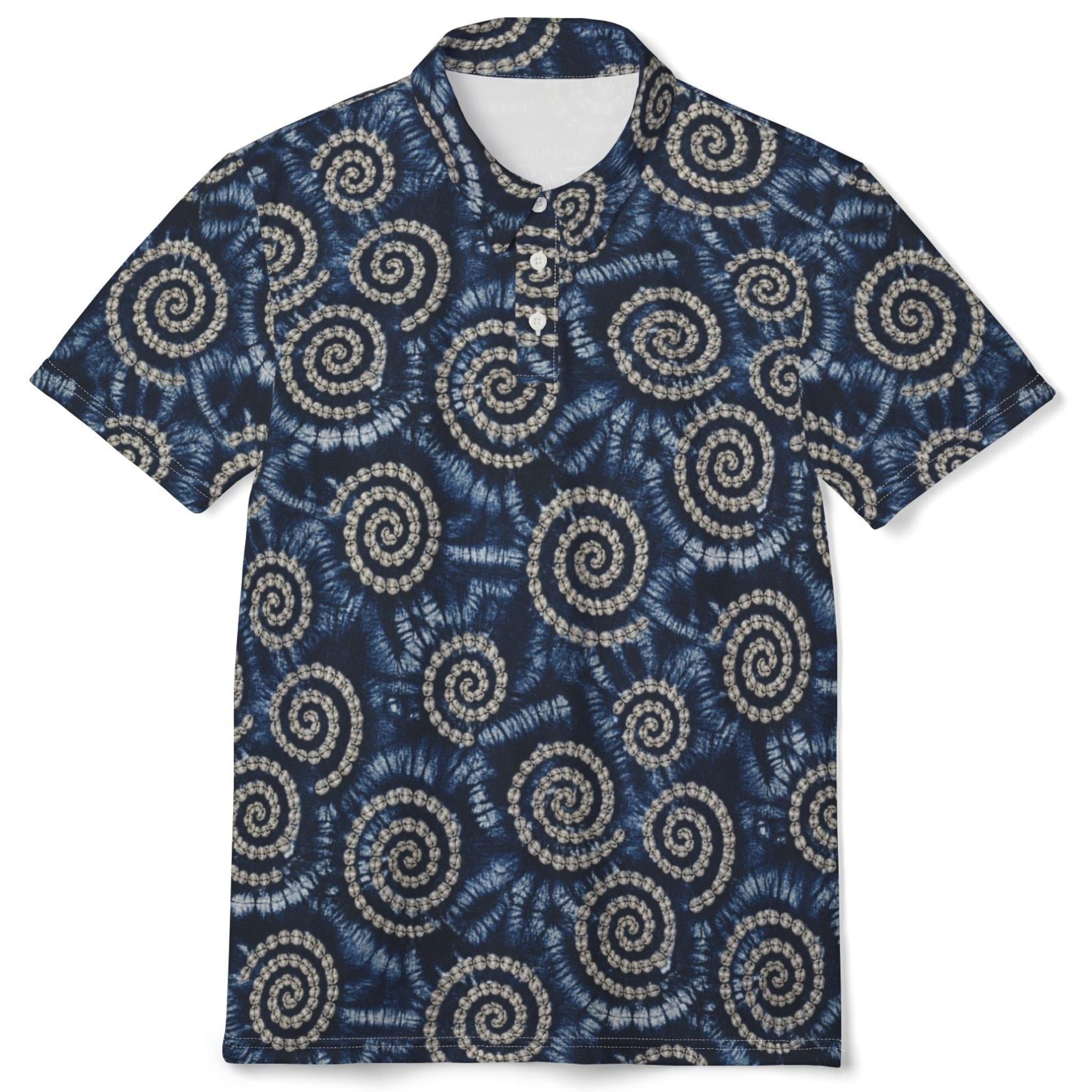 A short-sleeve polo shirt with a navy blue and beige spiral tie-dye pattern, featuring a three-button placket and a classic collar, shown against a plain white background.