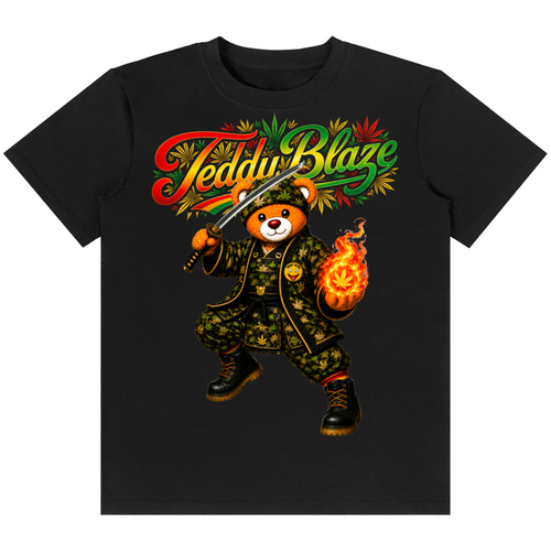 A black short-sleeve crewneck t-shirt featuring a graphic of a red panda in a military uniform with a sword and a burning flame, under the text 'Teddy Blaze' in a red, yellow, and green Rastafarian-style font.