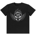 A black short-sleeve crewneck t-shirt featuring a white graphic of a winged skull with flames on top and the text 'Teddy Blaze' printed on the chest, shown against a plain white background.