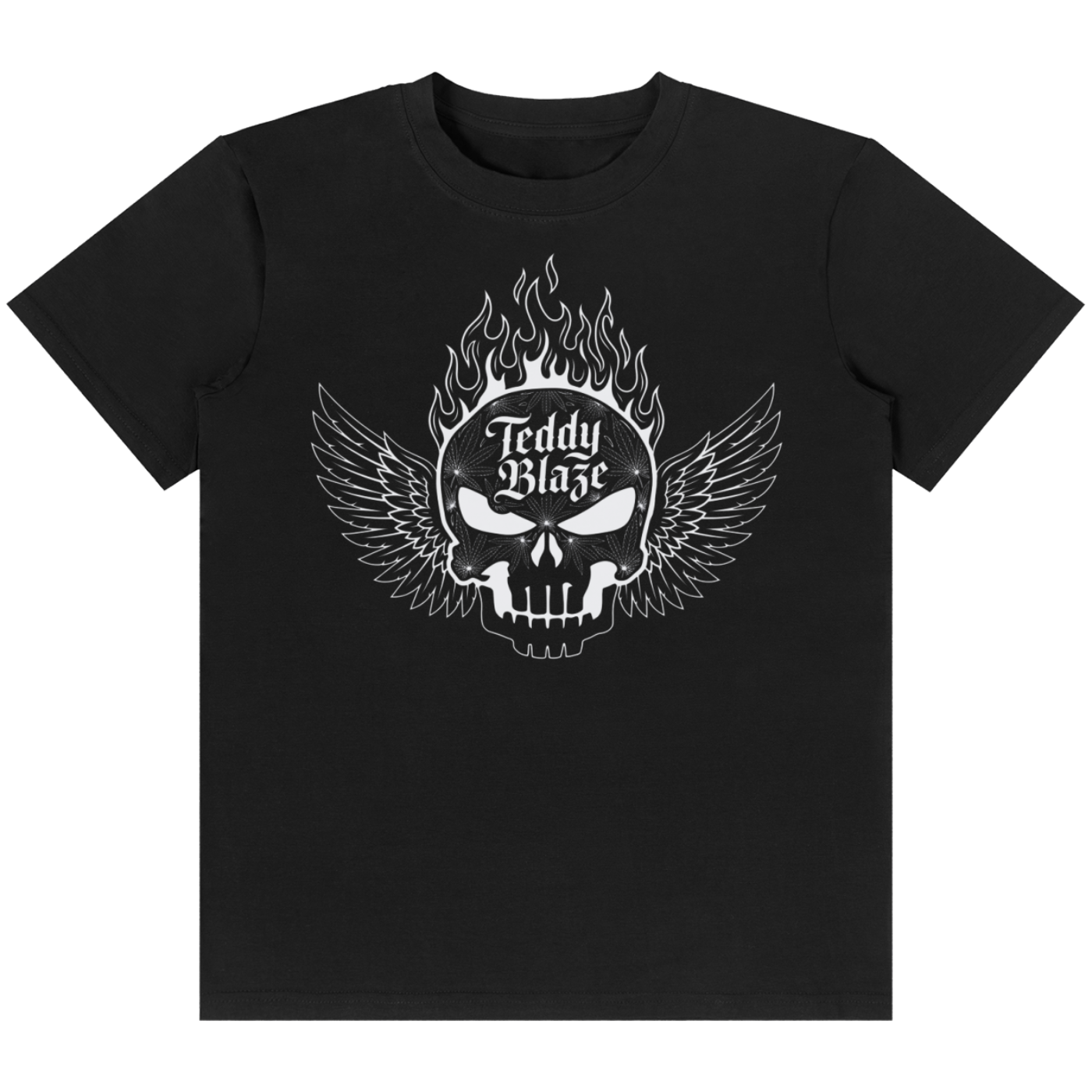 A black short-sleeve crewneck t-shirt featuring a white graphic of a winged skull with flames on top and the text 'Teddy Blaze' printed on the chest, shown against a plain white background.
