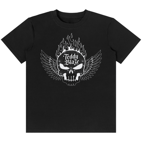 A black short-sleeve crewneck t-shirt featuring a white graphic of a winged skull with flames on top and the text 'Teddy Blaze' printed on the chest, shown against a plain white background.