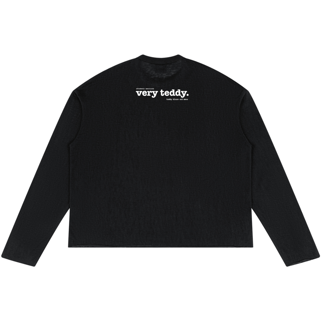 Lightweight lyocell-blend raw edge jumper with an oversized fit, Afro-Gothic Teddy Blaze artwork and Very Teddy back branding.