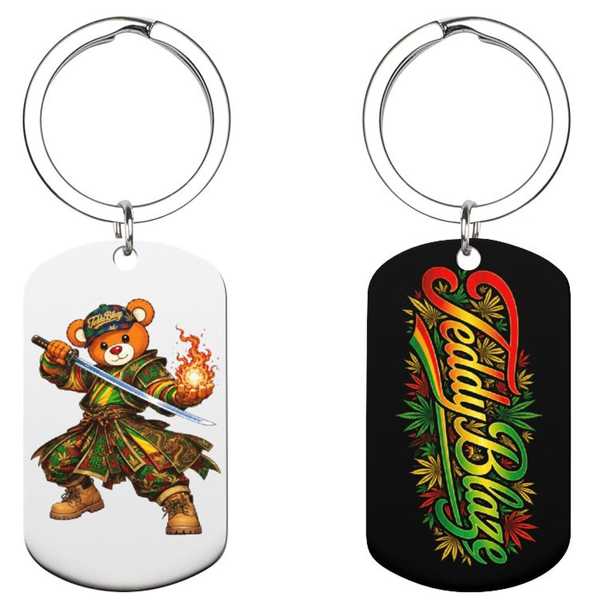 Two dog tag keychains shown side by side on a plain white background. The left keychain has a white tag with a cartoon bear character in green and brown clothing holding a sword and flame, attached to a silver split ring.