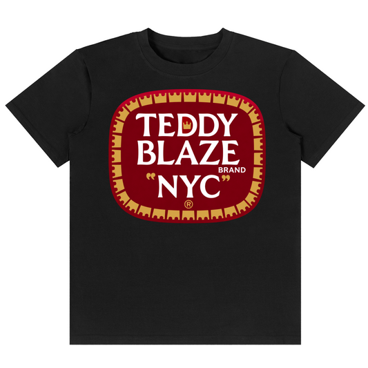 A black short-sleeve crewneck t-shirt featuring a large graphic print on the chest. The graphic is a red rounded rectangle with a gold patterned border and white text reading 'TEDDY BLAZE BRAND NYC'.