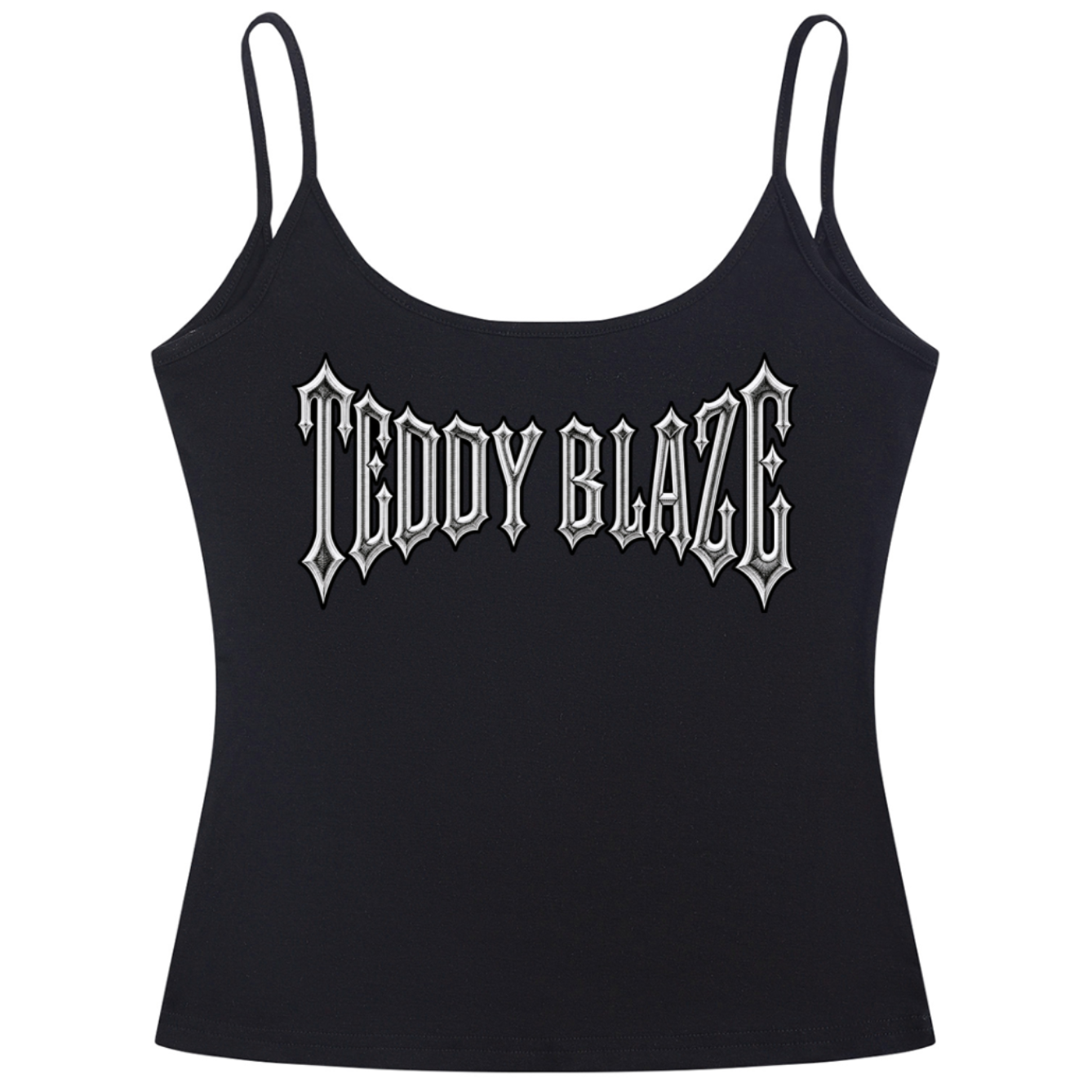 A black spaghetti-strap camisole crop top featuring the text 'TEDDY BLAZE' printed across the chest in a white gothic font, shown against a plain white background.