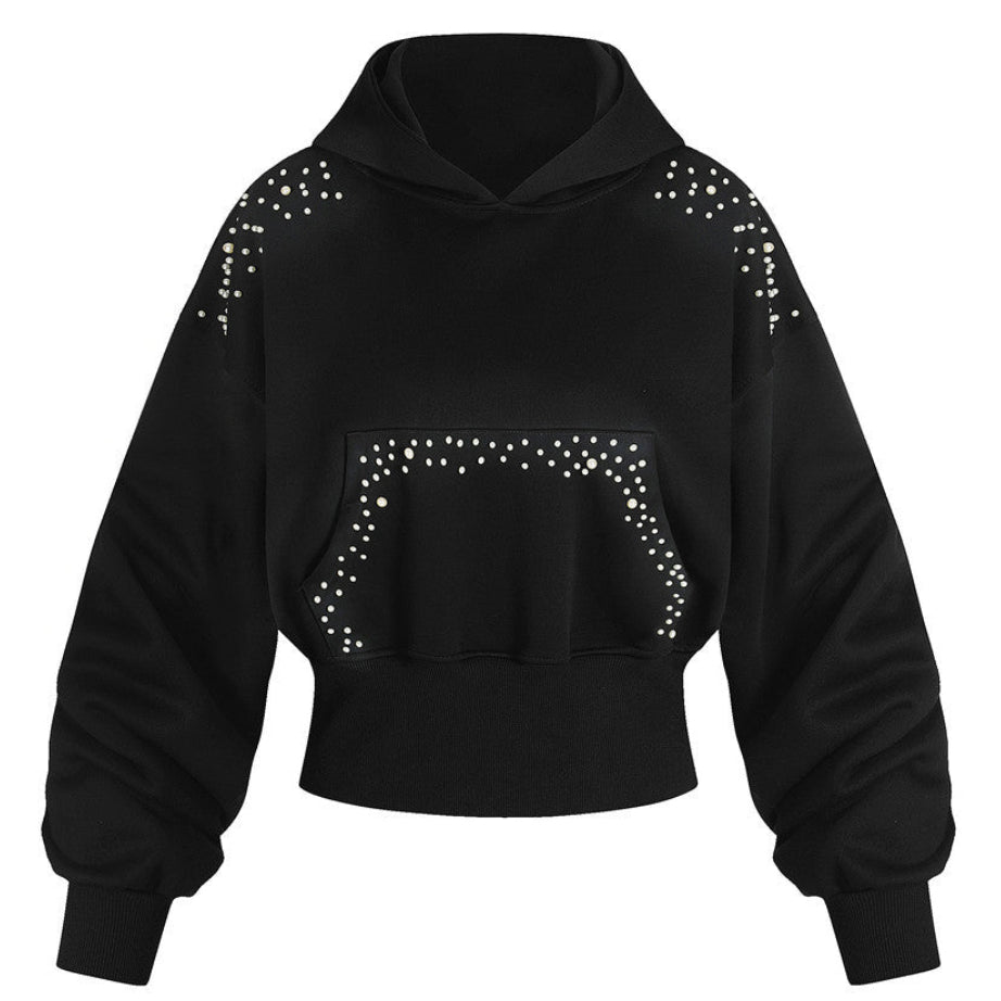 Shop the Iron + Ivy Spray-Faded Pearl-Embellished Cropped Hoodie by Teddy Blaze. Oversized cropped fleece hoodie featuring hand-applied pearl beading and spray-fade treatment.