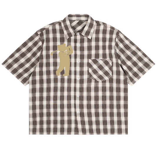 Plaid shirt with a bear graphic on a white background