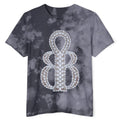A short-sleeve crewneck t-shirt featuring a gray and black watercolor tie-dye pattern, with a large central graphic of a stylized number 8 enclosed in a rope border.