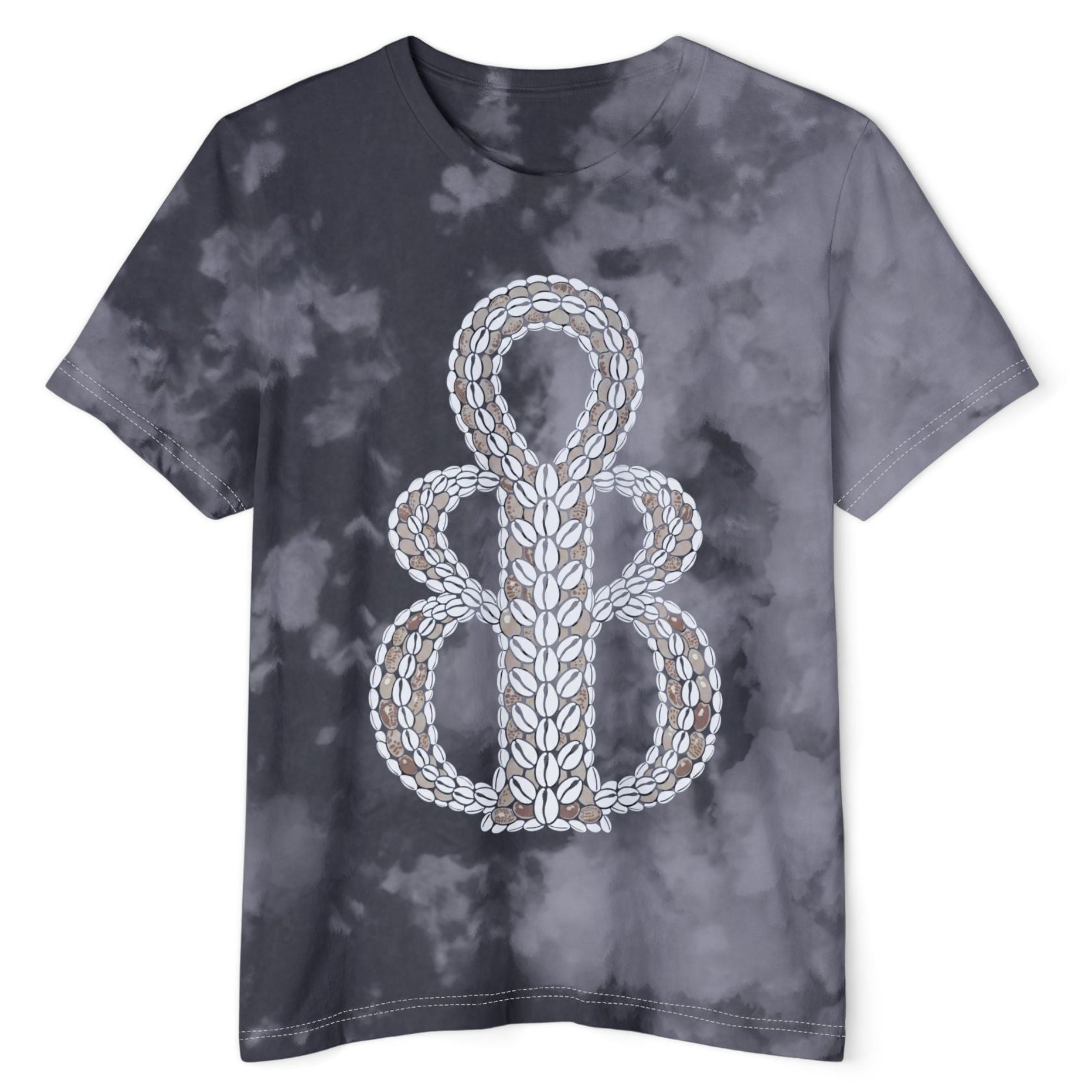 A short-sleeve crewneck t-shirt featuring a gray and black watercolor tie-dye pattern, with a large central graphic of a stylized number 8 enclosed in a rope border.