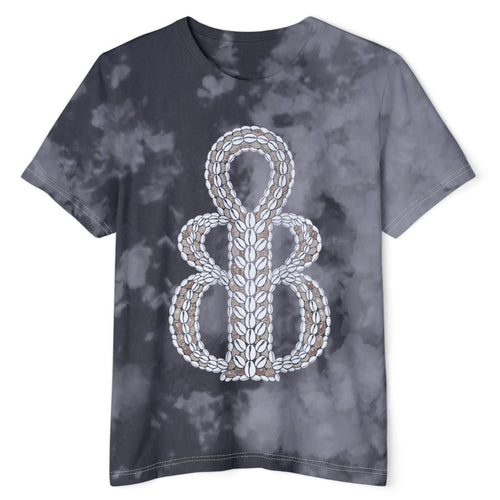 A short-sleeve crewneck t-shirt featuring a gray and black watercolor tie-dye pattern, with a large central graphic of a stylized number 8 enclosed in a rope border.