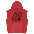 A red sleeveless mesh hoodie with a large black outlined '69' graphic on the front, displayed against a solid white background.