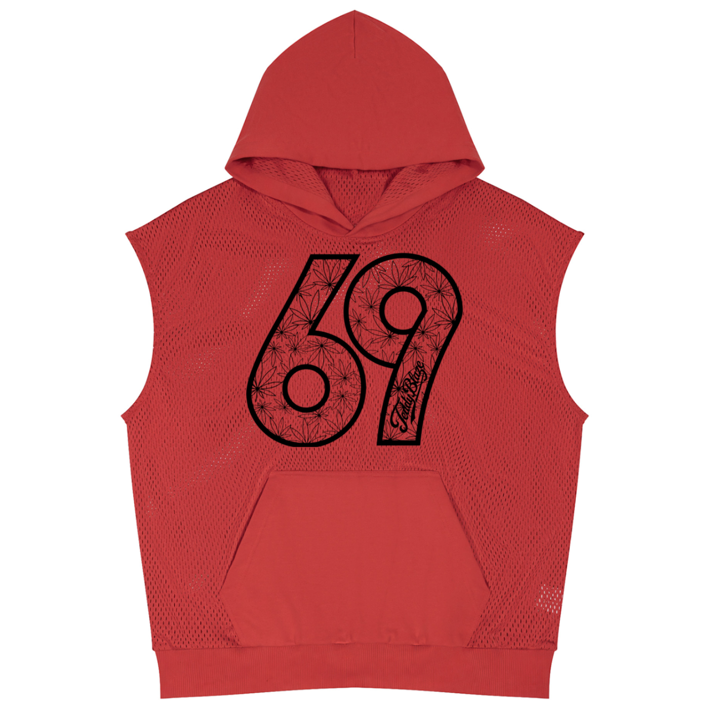 A red sleeveless mesh hoodie with a large black outlined '69' graphic on the front, displayed against a solid white background.