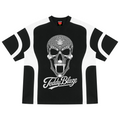 A black and white short-sleeve ringer t-shirt featuring a large white skull graphic embellished with small diamonds on the chest, with the brand name 'Teddy Blaze' written in white script below it.