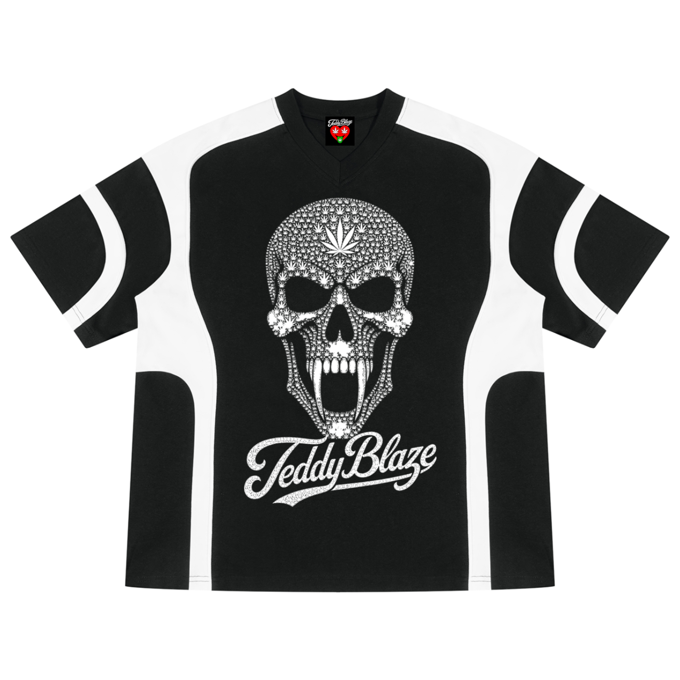 A black and white short-sleeve ringer t-shirt featuring a large white skull graphic embellished with small diamonds on the chest, with the brand name 'Teddy Blaze' written in white script below it.