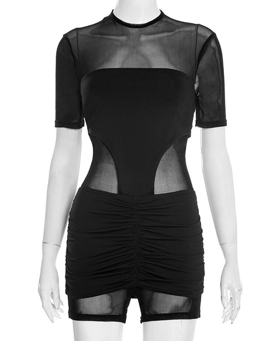 Mesh Paneled Ruched Short Sleeve Romper