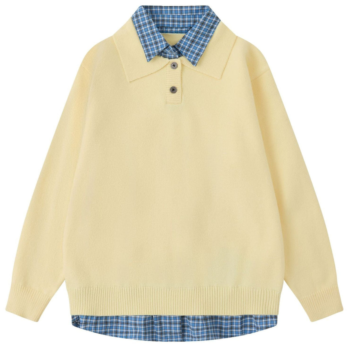 Shop the Iron + Ivy Layered Plaid Collar Polo Knit Sweater by Teddy Blaze. Preppy 2-in-1 layered cable knit sweater featuring an integrated plaid button-down collar and hem trim.