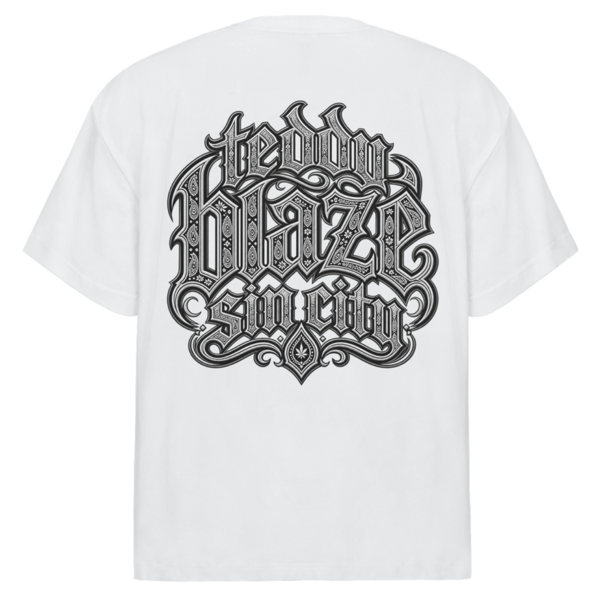 Elevate your casualwear with the Teddy Blaze Sin City Sacred Oversized Tee. Black stretch-cotton, tattoo praying hands print, and ornate back graphic. Shop NYC to Vegas style.